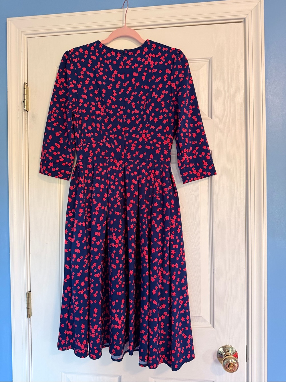 Women's Navy Blue Floral Midi Dress with Pink Print - Picture 8 of 10